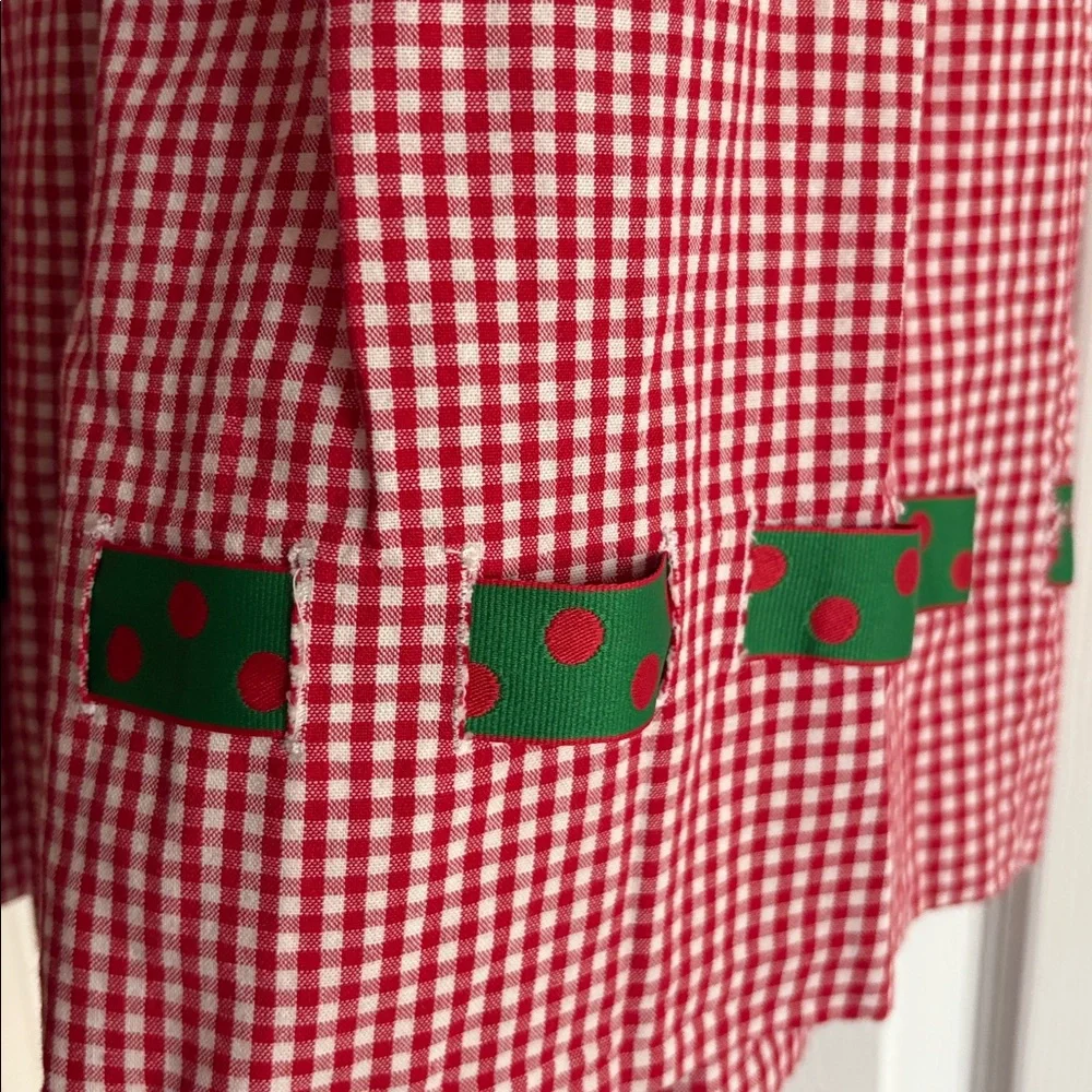 Vintage Christmas Peaches n Cream Red Gingham Polka Dot Ribbon Prairie Dress